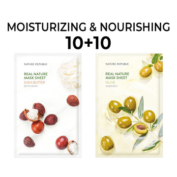 [10+10] Real Nature Moisturizing Mask Sheet Set (Shea Butter 10 + Olive 10)