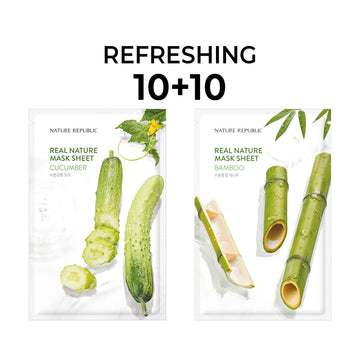 [10+10] Real Nature Hydrating Mask Sheet Set (Cucumber 10 + Bamboo 10)