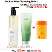 REAL DEEP Cleansing Duo - freemay Real Deep Cleansing Oil 330ml + Anua Heartleaf Deep Cleansing Foam w/ FREE 1X SUN STICK