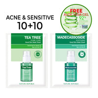 [10+10] Good Skin Acne & Sensitive Mask Sheets (Tea Tree 10 + Madecassoside 10) w/ FREE Org. Aloe Vera Gel