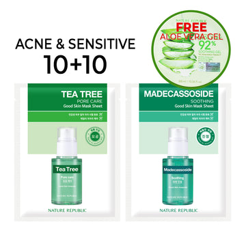 [10+10] Good Skin Acne & Sensitive Mask Sheets (Tea Tree 10 + Madecassoside 10) w/ FREE Org. Aloe Vera Gel