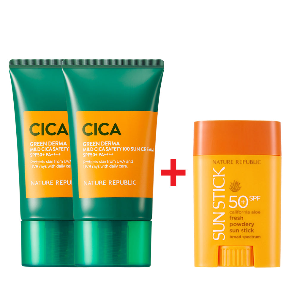 [B2G1] 2x Green Derma Mild Cica Safety 100 Sun Cream SPF50+ PA++++ & California Aloe Fresh Powdery Sun Stick Broad Spectrum SPF50+ PA++++