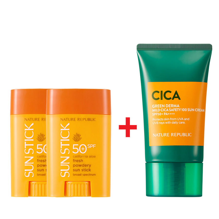 [B2G1] 2x California Aloe Fresh Powdery Sun Stick Broad Spectrum SPF50+ PA++++ & Green Derma Mild Cica Safety 100 Sun Cream SPF50+ PA++++