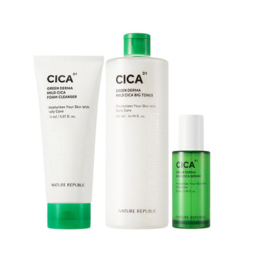 Green Derma Mild Cica 3pcs Skin Care Set - Foam Cleanser, Big Toner & Serum