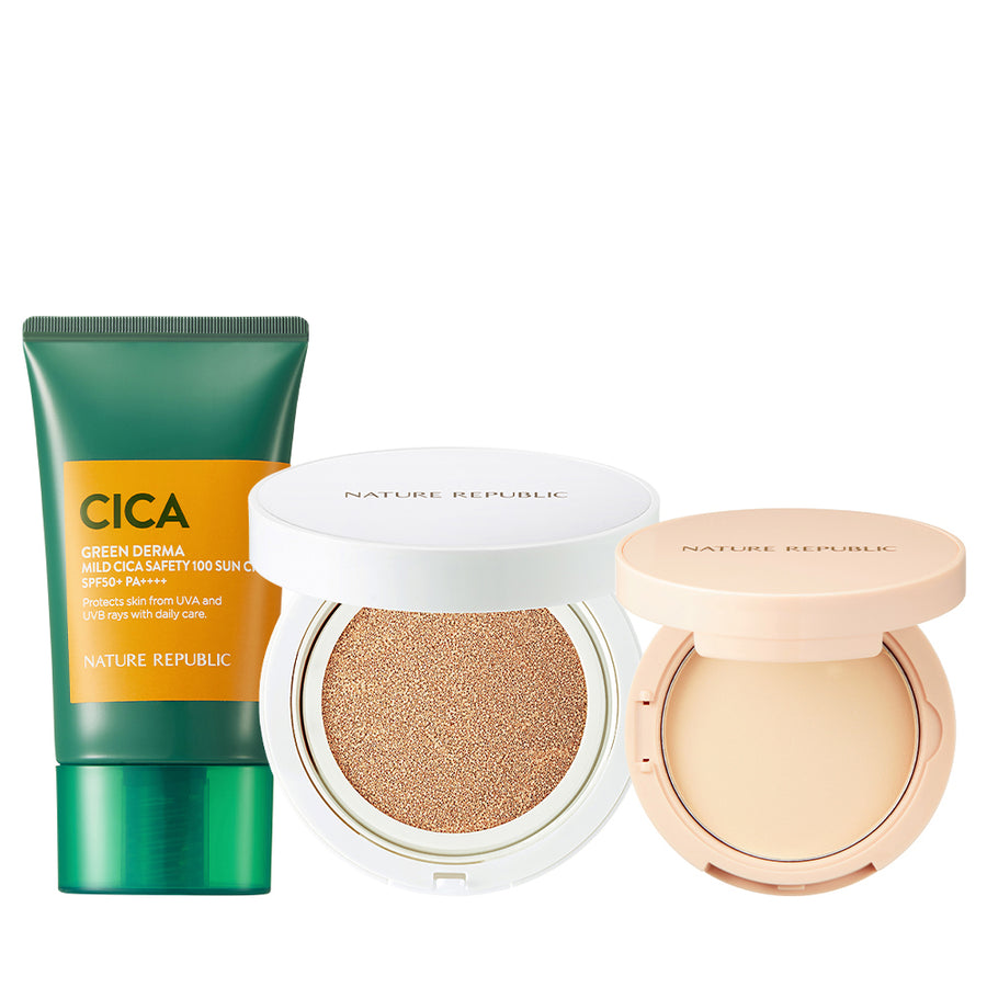 Fixing Face Makeup Trio (Green Derma Mild Cica Safety 100 Sun Cream SPF50+ PA++++, Serum Cover Cushion SPF50+ PA++++ & Provence Fixer Pact
