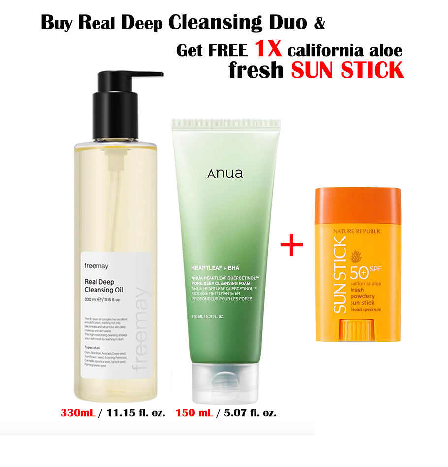 REAL DEEP Cleansing Duo - freemay Real Deep Cleansing Oil 330ml + Anua Heartleaf Deep Cleansing Foam w/ FREE 1X SUN STICK