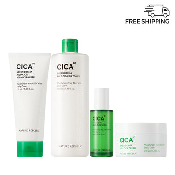 Green Derma Mild Cica 4pcs Skin Care Set - Foam Cleanser, Big Toner, Serum & Cream