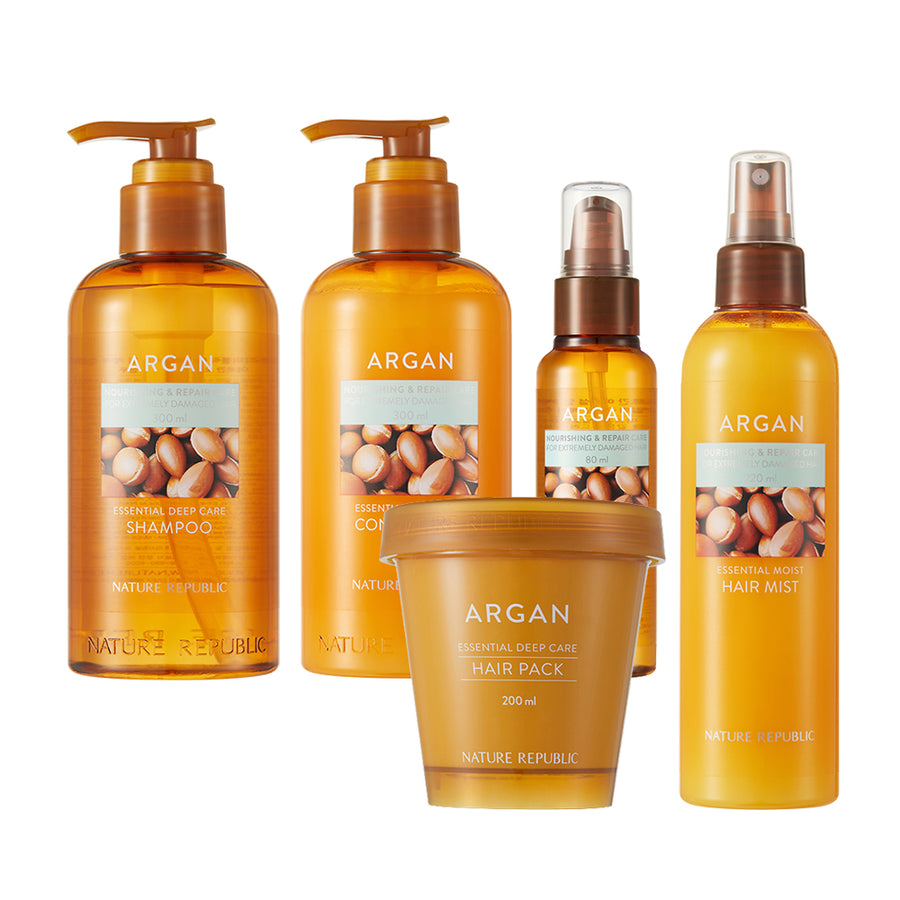 Argan Essential Deep Care 5pcs Total Care Set (Shampoo, Conditioner, Essence, Mist & Hair Pack)