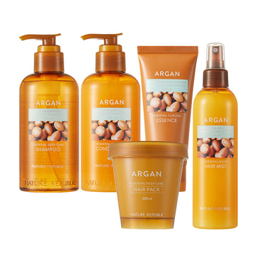 Argan Essential Deep Care 5pcs Total Care Set (Shampoo, Conditioner, Curling Essence, Mist & Hair Pack)