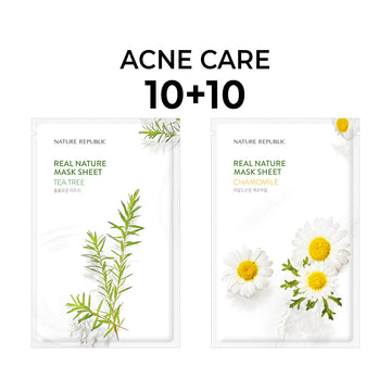 [10+10] Real Nature Acne Care Mask Sheet Set (Tea Tree 10 + Chamomile 10)