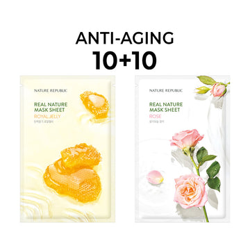 [10+10] Real Nature Anti-Aging Mask Sheet Set (Royal Jelly 10 + Rose 10)