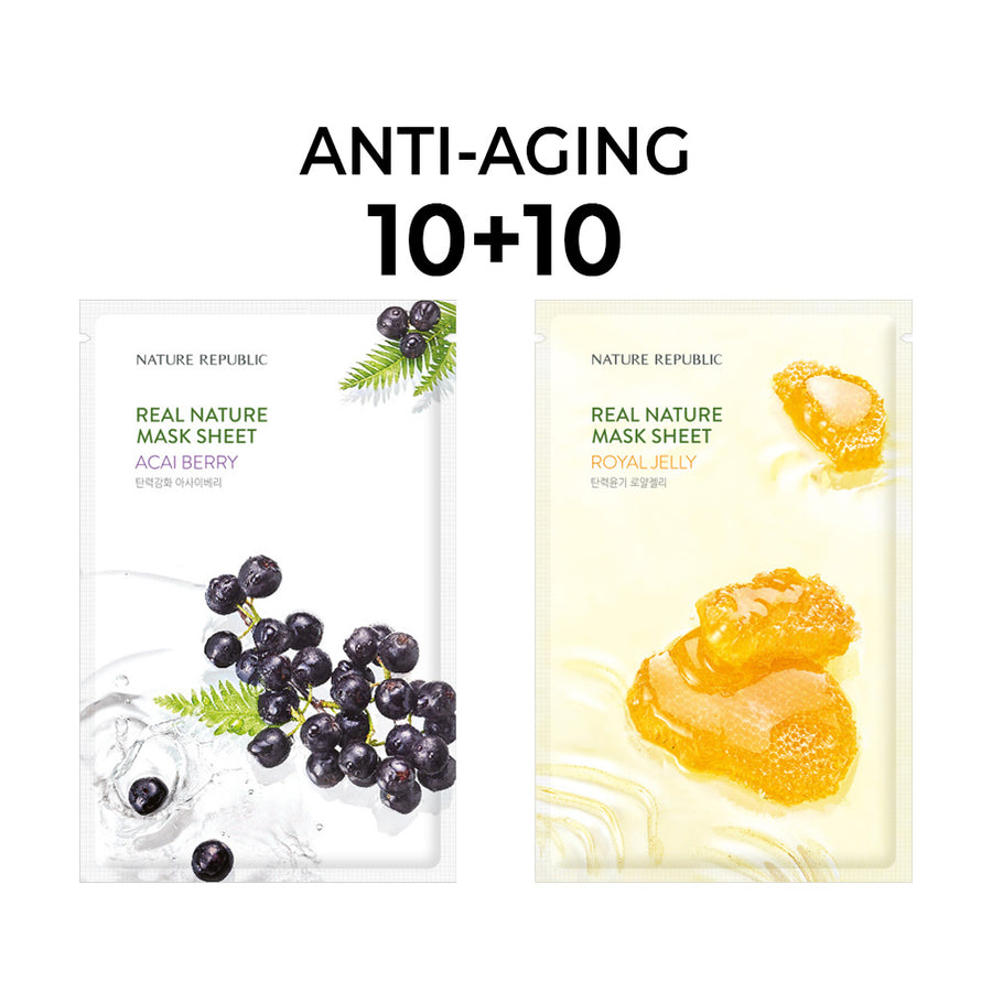 [10+10] Real Nature Anti-Aging Mask Sheet Set (Acai Berry 10 + Royal Jelly 10)