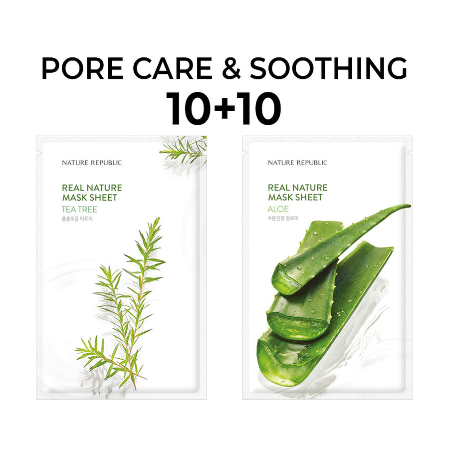 [10+10] Real Nature Pore Care & Soothing Mask Sheet Set (Tea Tree 10 + Aloe 10)
