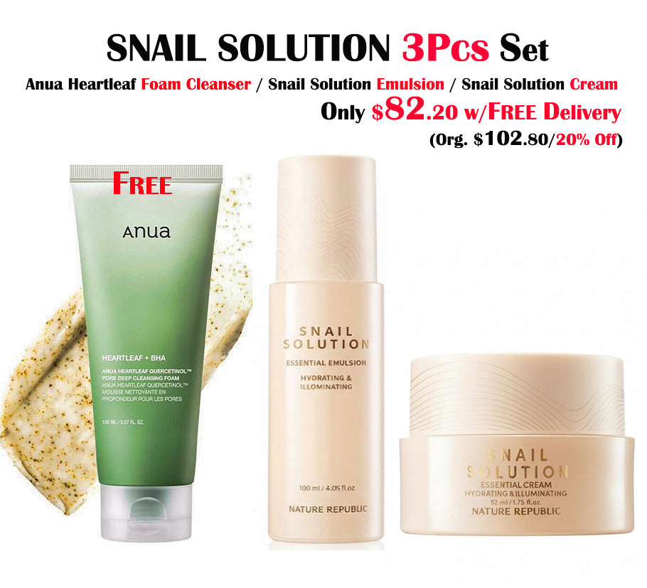 SNAIL SOLUTION ESSENTIAL SET ( Snail Solution Essential Emulsion & Cream w/ FREE Anua Heartleaf Deep Cleansing foam 150ml