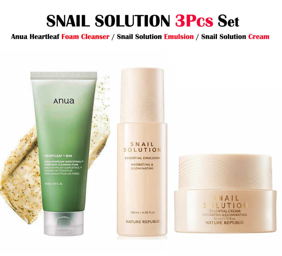 SNAIL SOLUTION 3PCS SET ( Anua Heartleaf Deep Cleansing Foam Cleanser , Snail Solution Essential Emulsion & Cream )
