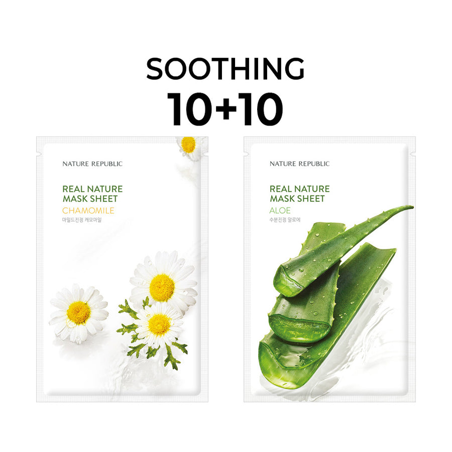 [10+10] Real Nature Soothing Mask Sheet Set (Chamomile 10 + Aloe 10)