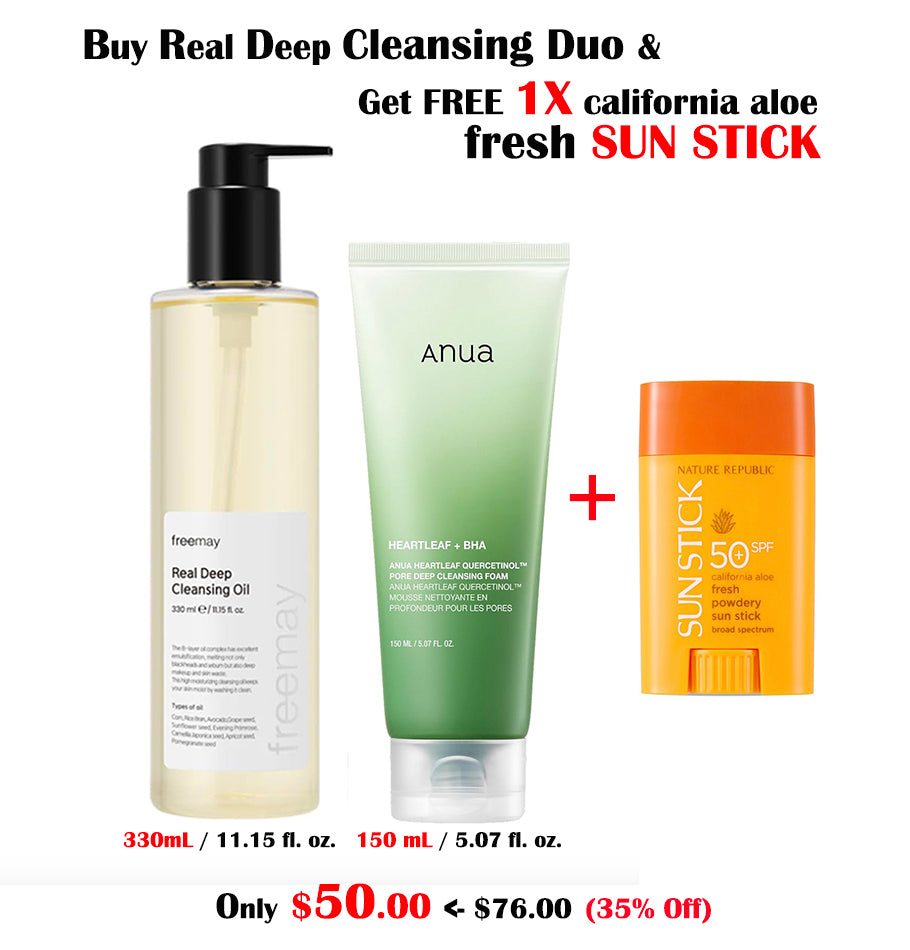 REAL DEEP Cleansing Duo - freemay Real Deep Cleansing Oil 330ml + Anua Heartleaf Deep Cleansing Foam w/ FREE 1X SUN STICK
