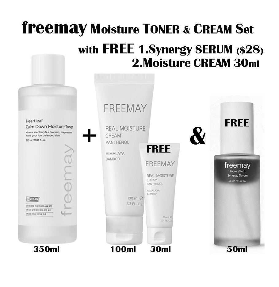 FREEMAY-Moisture Toner (350ml) & Cream (100ml + 30ml) Set (with FREE Synergy Serum 50ml)