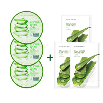 [3x3] Soothing & Moisture Aloe Vera 92% Soothing Gel Tub & Real Nature Aloe Mask Sheet