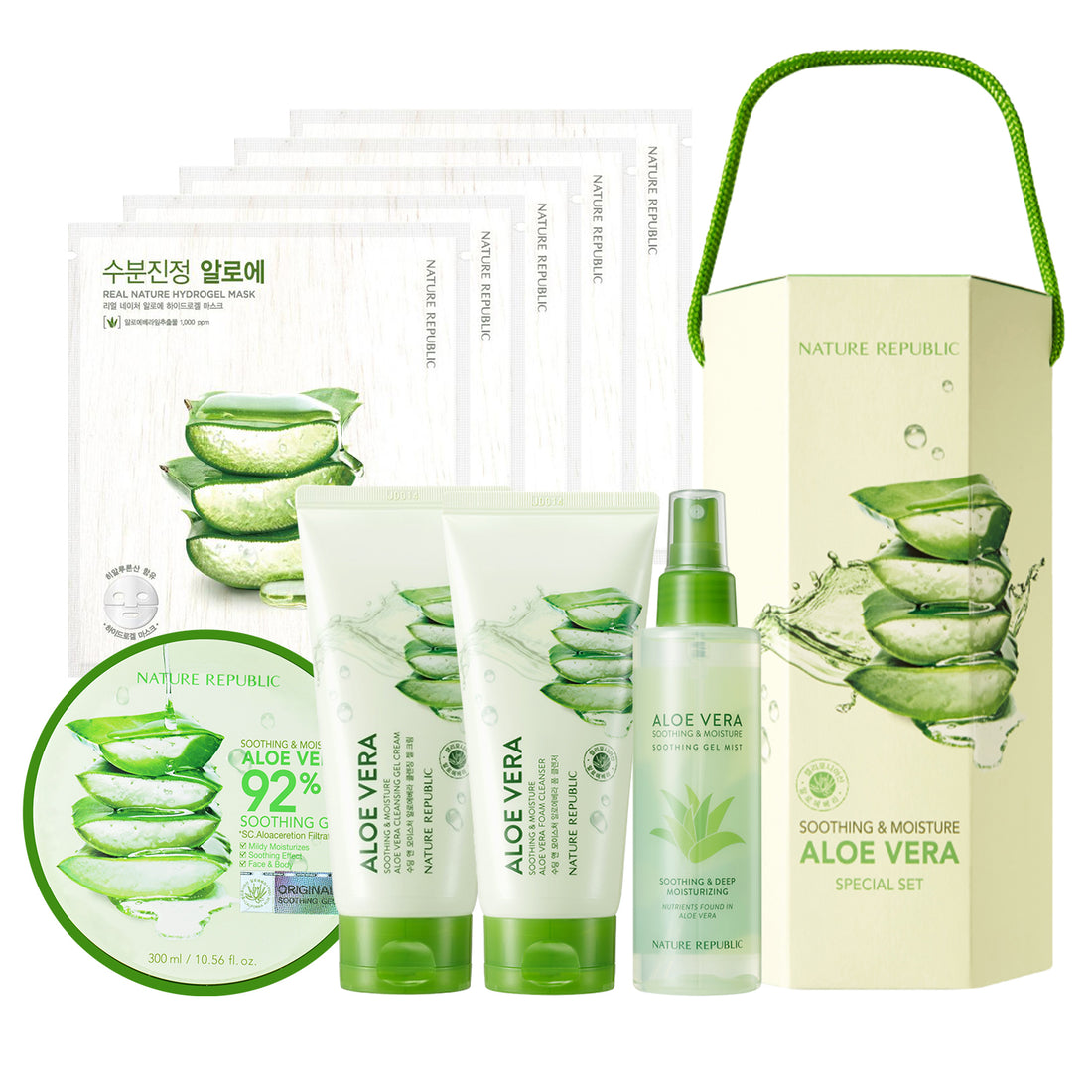 Soothing & Moisture Aloe Vera Gift Box 2 (Soothing Gel, Foam Cleanser, Cleansing Gel Cream, Mist, 5x Aloe Hydrogel Mask Sheet)