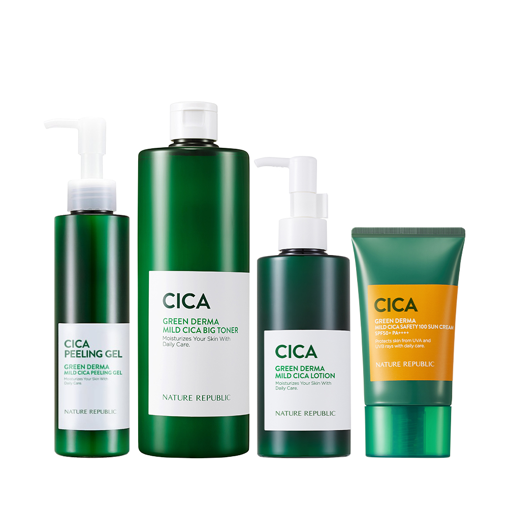 Green Derma Mild Cica Exfoliate Skin & Sun Care Set - Peeling Gel, Big Toner, Lotion, & Safety 100 Sun Cream SPF50+ (w/ NCT 127 All Member's Goods)