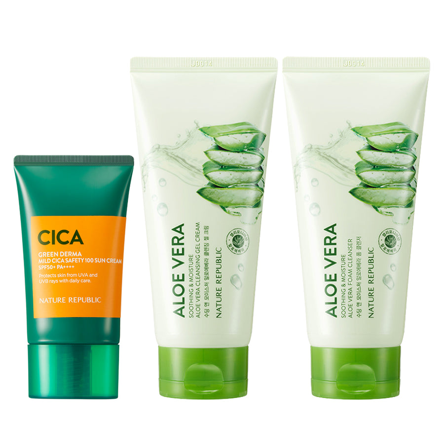 [Suncare & Cleanse] Green Derma Mild Cica Safety 100 Sun Cream SPF50+ PA++++, Soothing & Moisture Aloe Vera Cleansing Gel Cream & Foam Cleanser