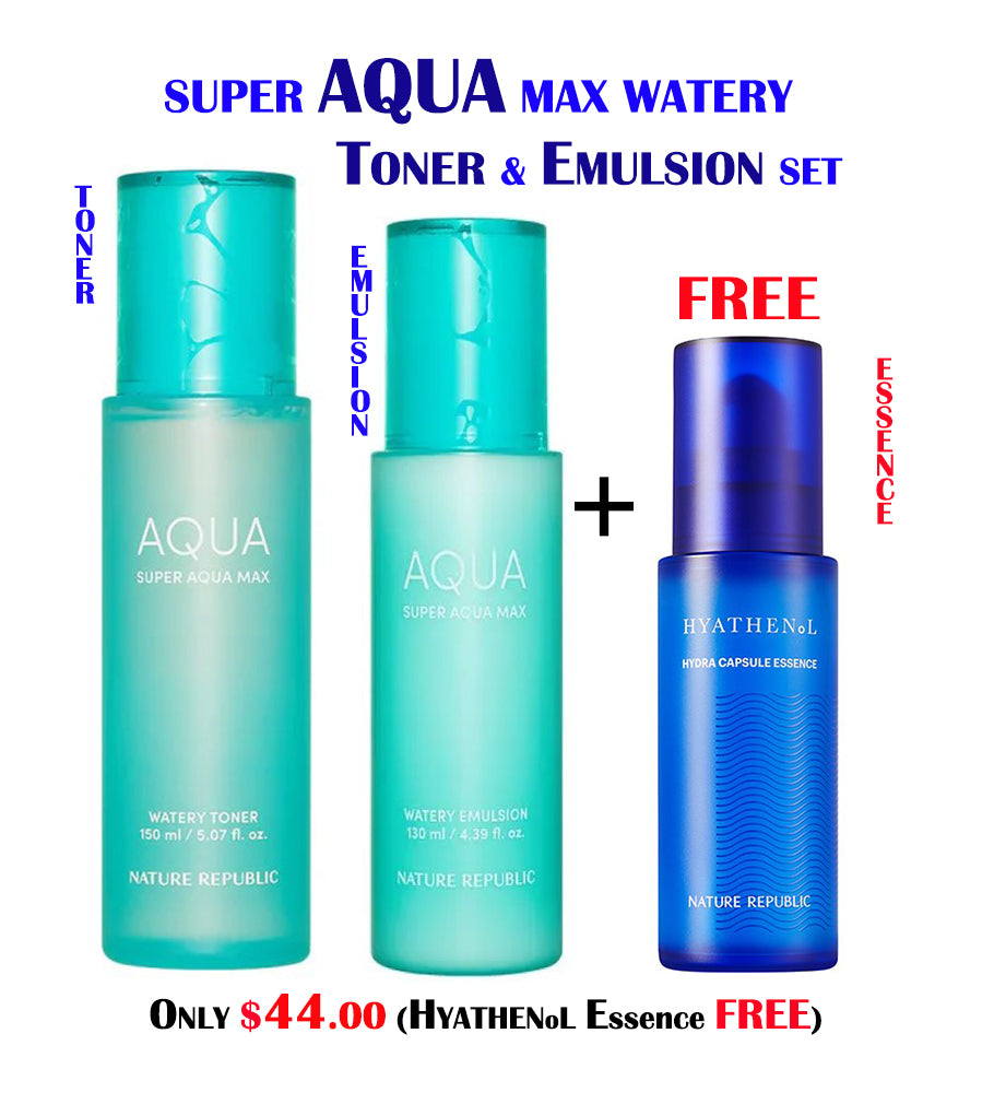 Super Aqua Max Watery Toner & Emulsion Set & FREE HYATHENoL Hydra Capsule Essence