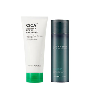 Men's Moisture Care Set - Green Derma Mild Cica Foam Cleanser & Africa Bird Homme All In One Moisturizer
