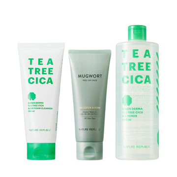 [PORE CARE] Green Derma Tea Tree Cica Pore Care Cleansing Set - Acne Foam Cleanser, Natural Made Peel Off Pack (Mugwort) & Big Toner (w/ FREE Natural Mild Cotton Wipe)