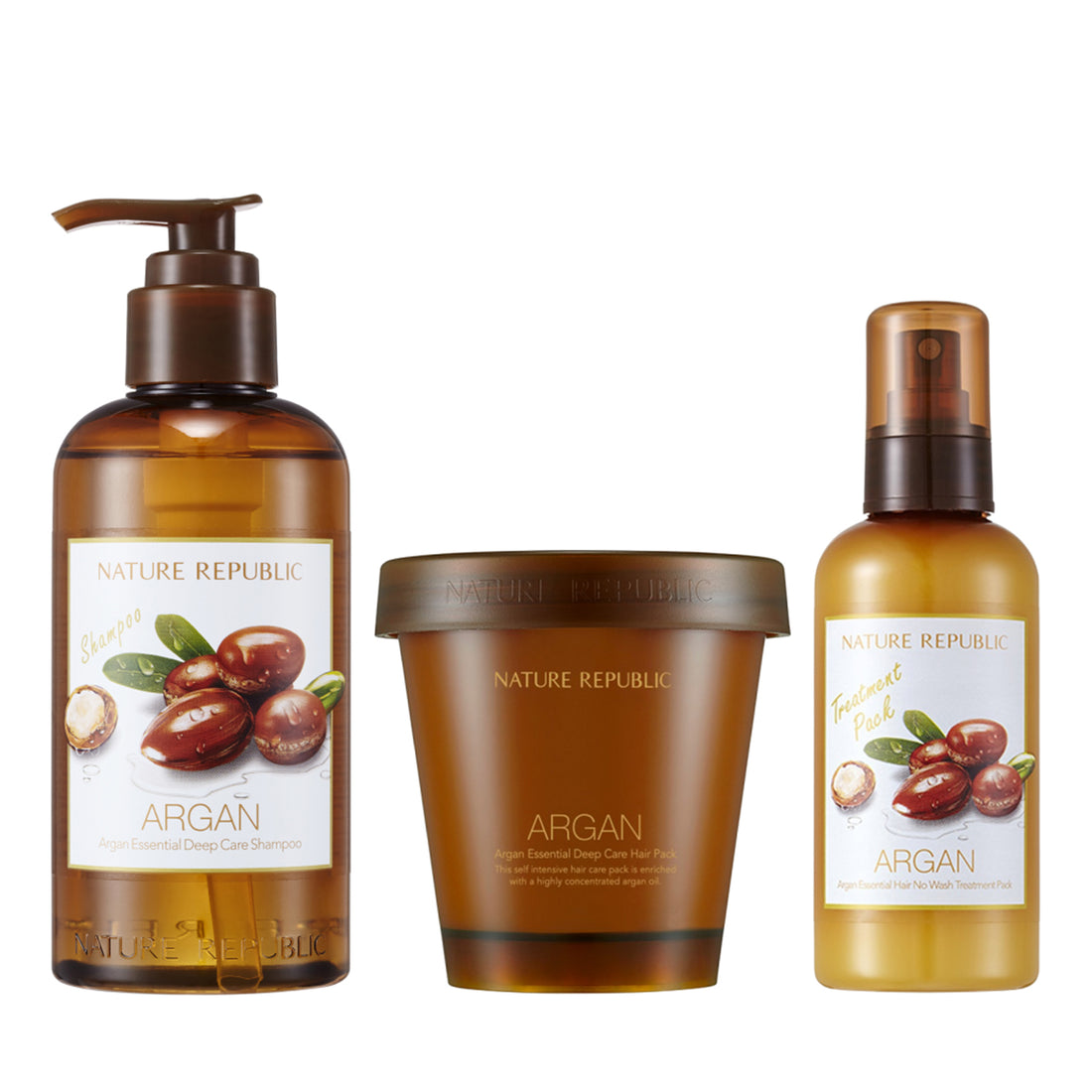 Argan Essential Deep Care Trio (Shampoo, Hair Pack, No Wash Treatment Pack)