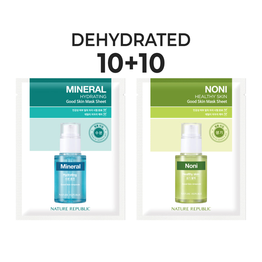 [10+10] Good Skin Dehydrated Mask Sheets (Mineral 10 + Noni 10) w/ FREE Org. Aloe Vera Gel