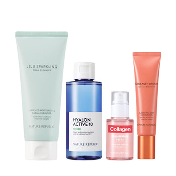 [Anti-Aging Starter] Wrinkle & Fine Line Care Set - Jeju Sparkling Foam Cleanser, Hyalon Active 10 Toner, Good Skin Collagen Ampoule & Collagen Dream All Face Eye Cream