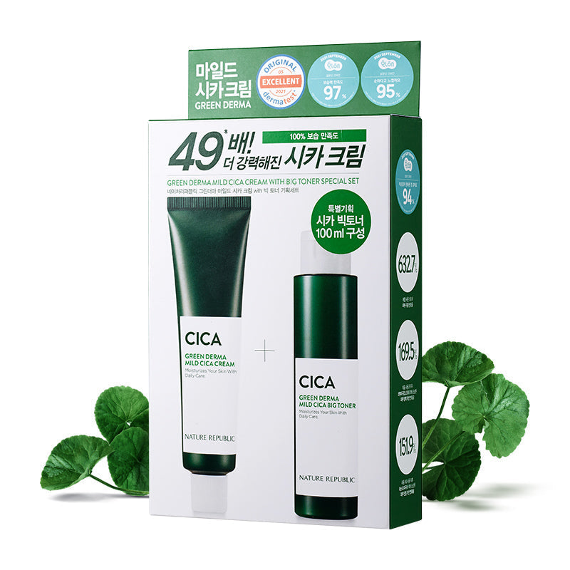 Green Derma Mild Cica 4pcs Set - Cream with Big Toner Set, Lotion, Sun Cream SPF50+ & Serum Cover Cushion SPF50+