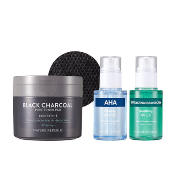 [PORE CARE] Reduce Pore & Fresh Peeling Set (Natural Made Black Charcoal Pore Toner Pad, AHA Ampoule & Madecassoside Ampoule)