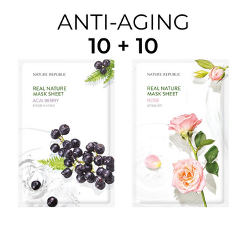 [10+10] Real Nature Anti-Aging Mask Sheet Set (Acai Berry 10 + Rose 10)