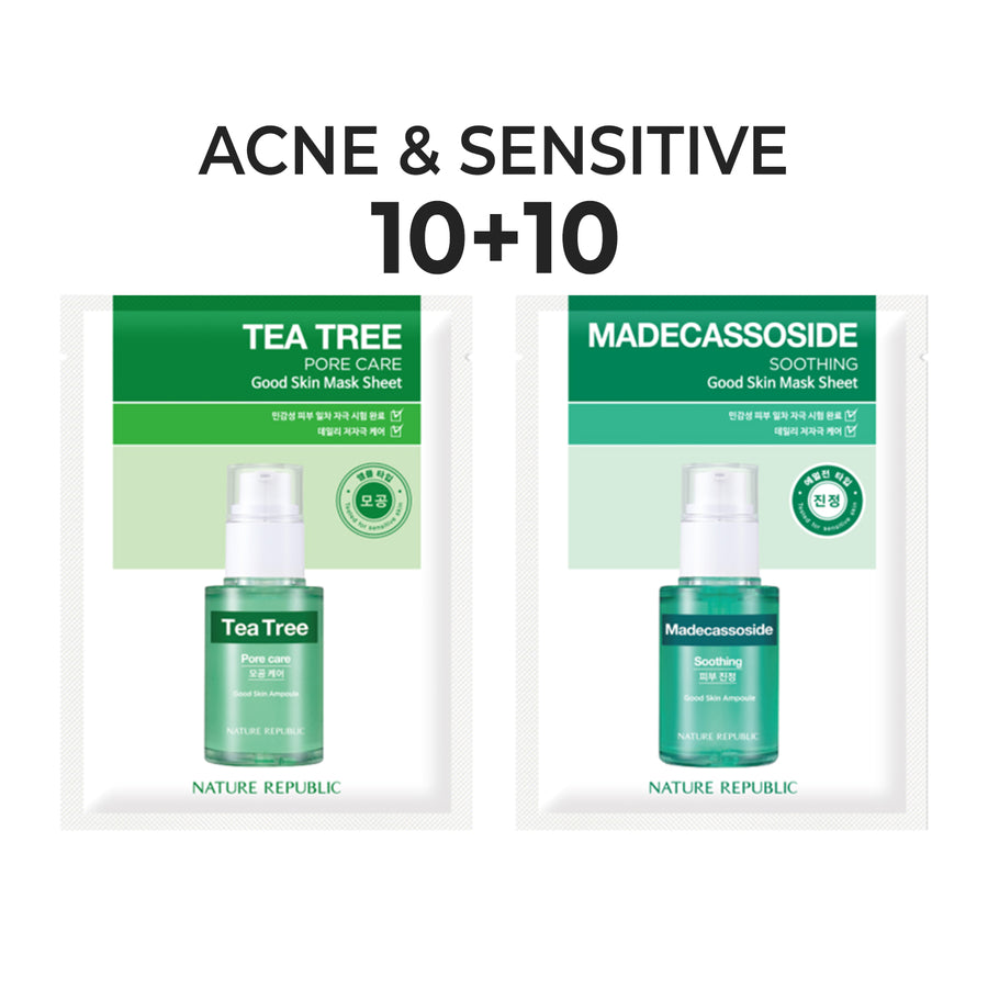[10+10] Good Skin Acne & Sensitive Mask Sheets (Tea Tree 10 + Madecassocide 10)
