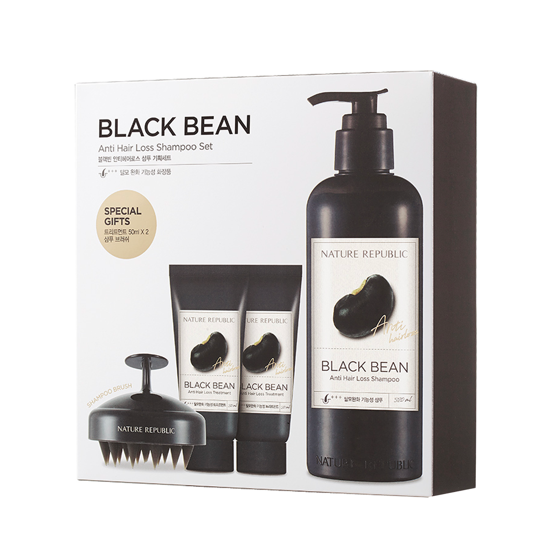 BLACK BEAN ANTI HAIR LOSS SHAMPOO 520ml SET - with TREATMENT 50ml x 2 & SHAMPOO BRUSH  x 1