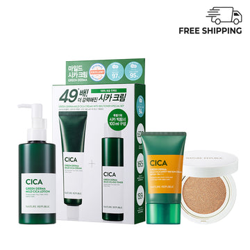 Green Derma Mild Cica 4pcs Set - Cream with Big Toner Set, Lotion, Sun Cream SPF50+ & Serum Cover Cushion SPF50+