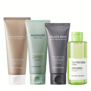 [FATHER'S DAY] Perfect Pore & Sebum Care Set - Jeju Sparkling Mud Foam Cleanser, Mugwort Peel Off Pack, Black Charcoal Mud Pack & Tea Tree Cica Toner 150ml
